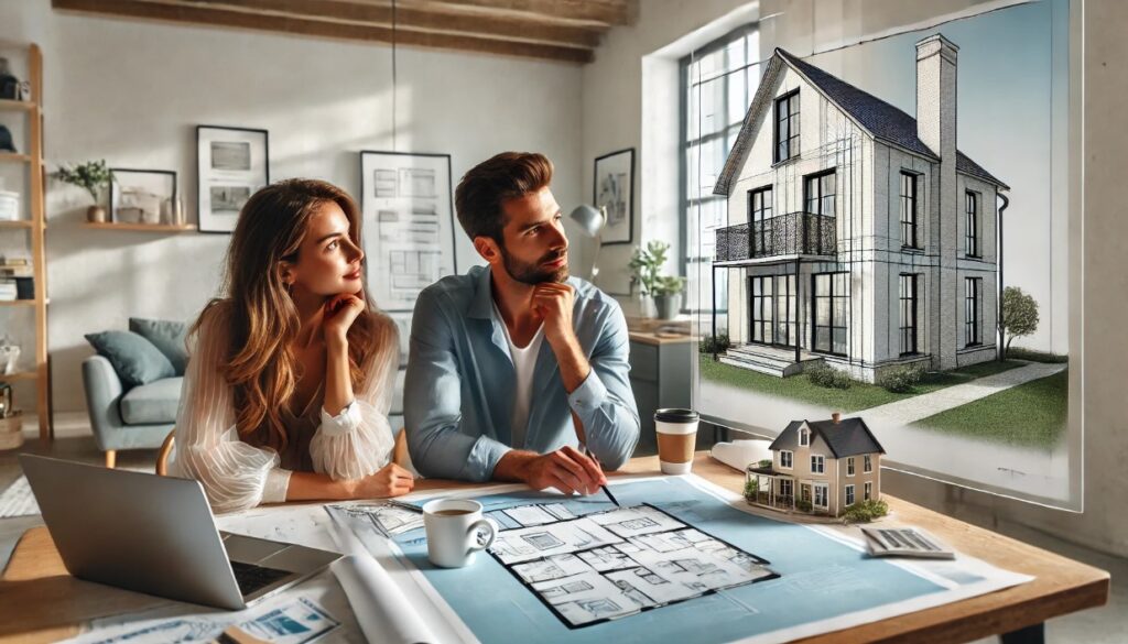 Couple d'architectes regardant des plans et un modèle 3D de maison. Un homme et une femme étudient des plans et un croquis numérique.