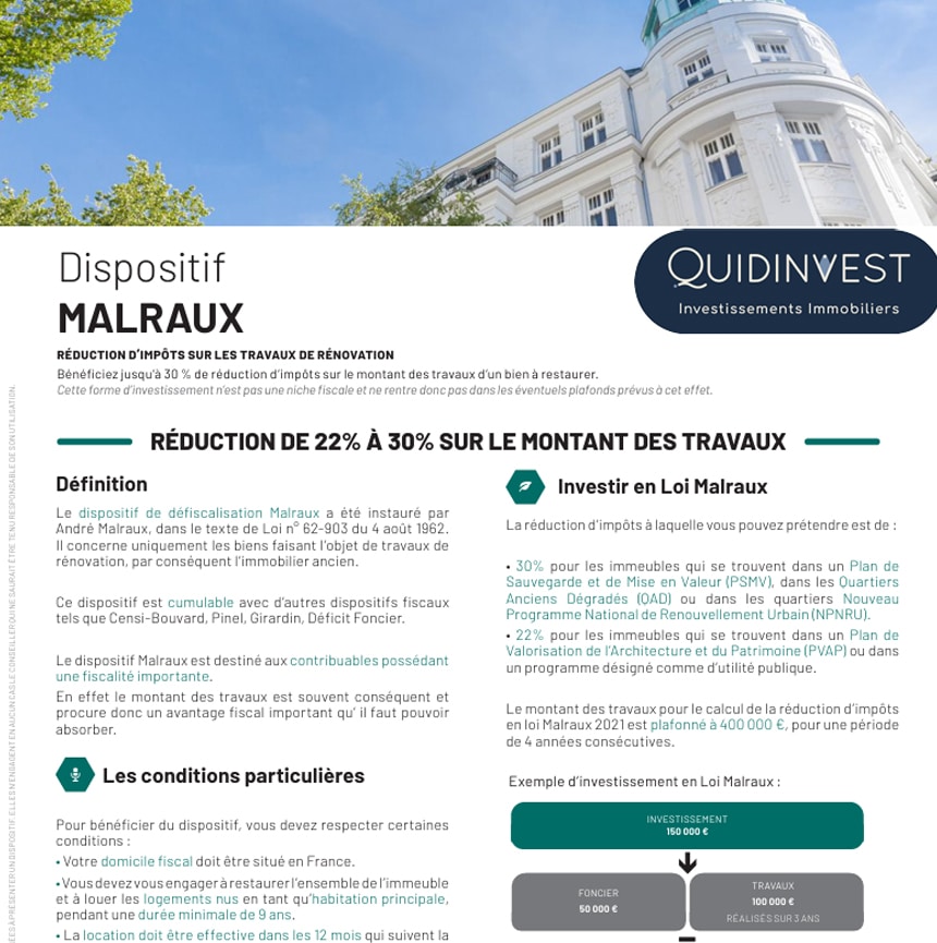 Immeuble ancien, Dispositif MALRAUX. Réduction d'impôts de 22% à 30% sur les travaux de rénovation (plafond 400k€). Location 9 ans.