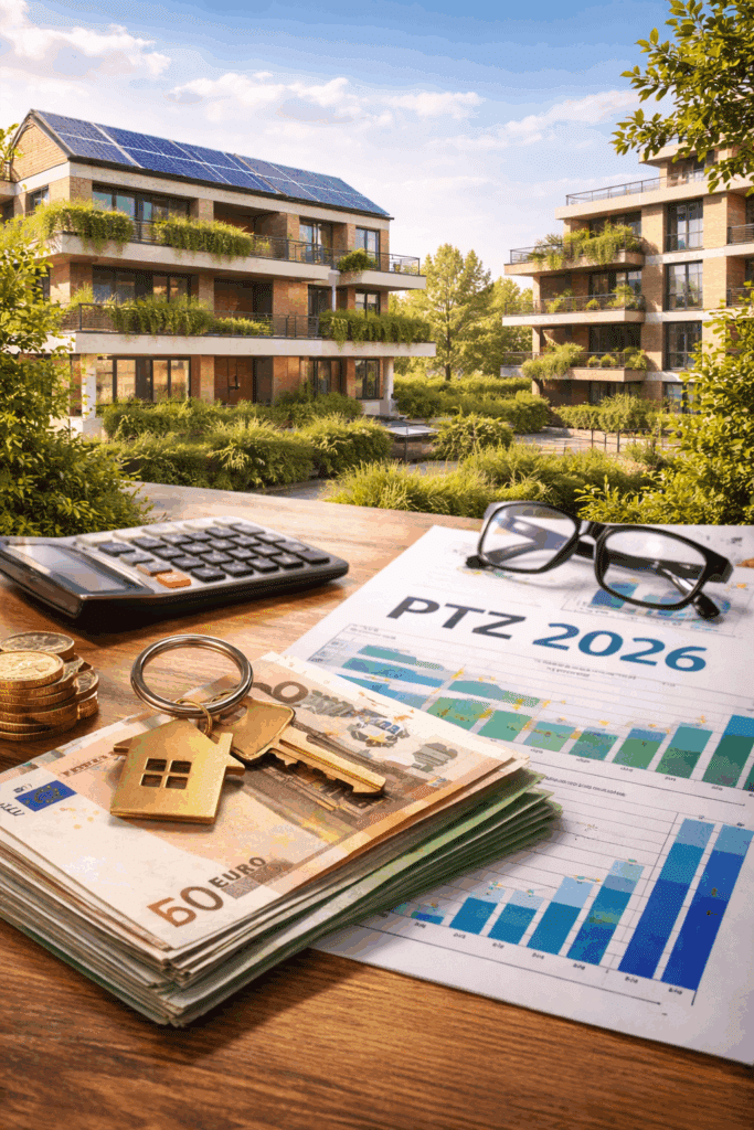 Financement PTZ 2026 (clés, billets, calculatrice) devant des appartements neufs écologiques avec panneaux solaires et balcons végétalisés.