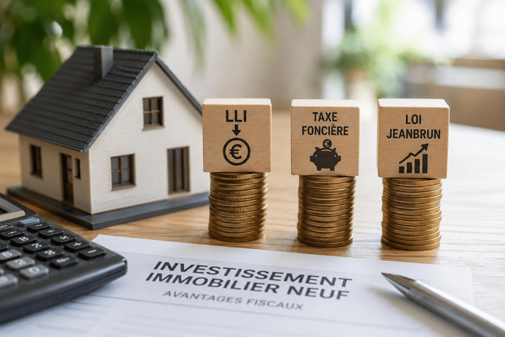 Investissement immobilier neuf : blocs LLI, taxe foncière et loi Jeanbrun sur des piles de pièces d'or.